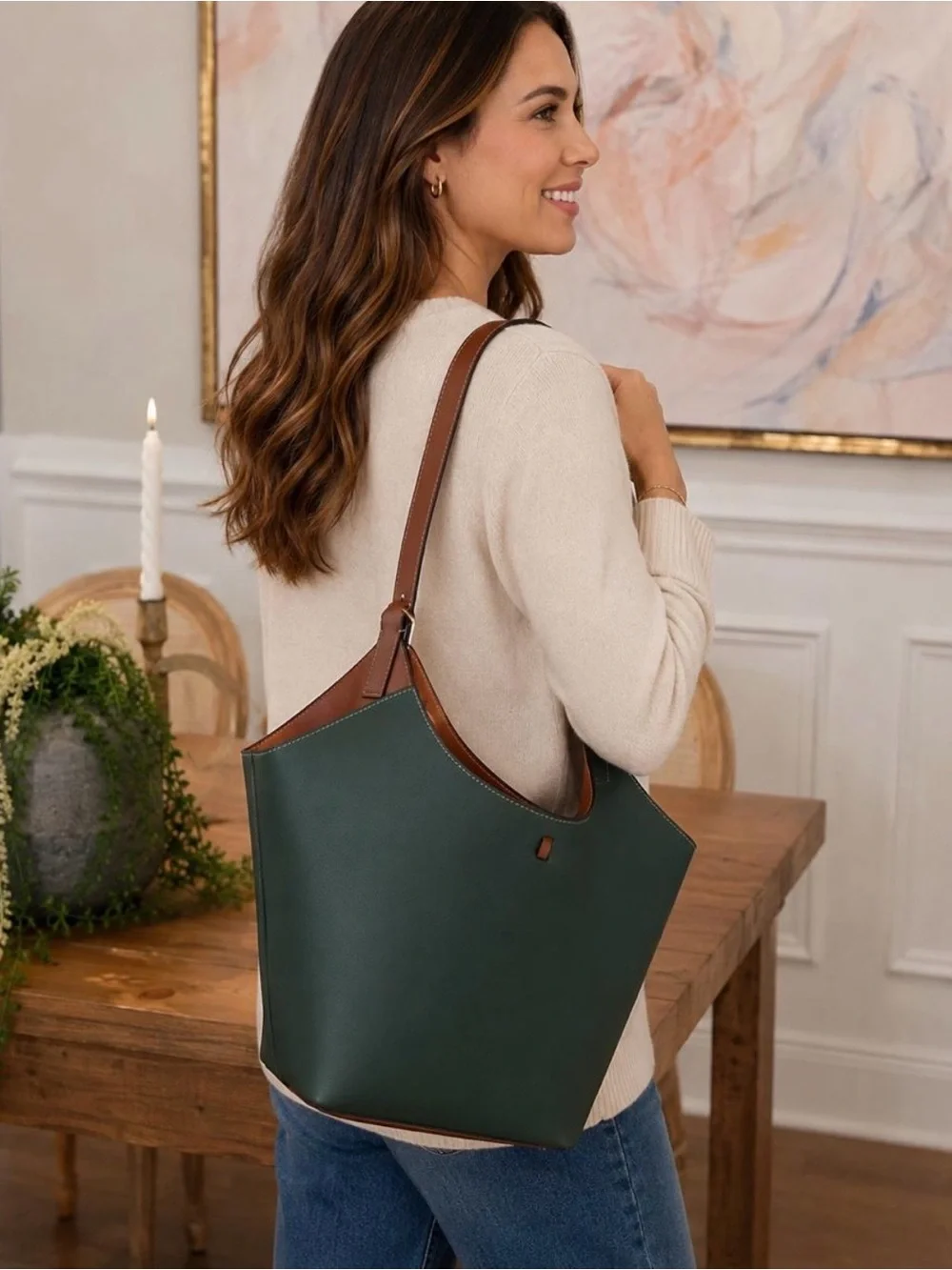Women’s Dark Green Tote Bag with Brown Trim